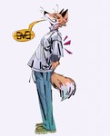 anthro biped bottomwear clothing denim denim_bottomwear denim_clothing footwear jeans male pants shirt shoes solo speech_bubble t-shirt tail topwear xexeezy canid canine fox mammal hi_res