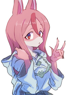 anthro clothed clothed_anthro clothed_female clothing female female_anthro gesture hair hand_gesture looking_at_viewer nails pink_body pink_hair pose red_eyes sharp_nails solo three-quarter_view white_body dai_gazacy brand_new_animal studio_trigger nazuna_hiwatashi canid canine fox mammal digital_drawing_(artwork) digital_media_(artwork) half-length_portrait hi_res portrait