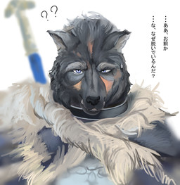 anthro bodily_fluids male solo sweat text kouhaku773 elden_ring fromsoftware mythology blaidd_(elden_ring) canid canine canis mammal mythological_canine mythological_creature werecanid werecanine werecreature werewolf wolf digital_media_(artwork) digital_painting_(artwork) painting_(artwork) translated