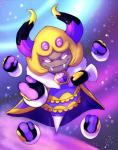 4_eyes blonde_hair boa_(clothing) detailed_background feather_boa feathers floating_hands gem hair heart_symbol horn male multi_eye purple_eyes solo starscape stinger wavy_horn halgalaz kirby_(series) nintendo dark_taranza arachnid arthropod humanoid spider spidr