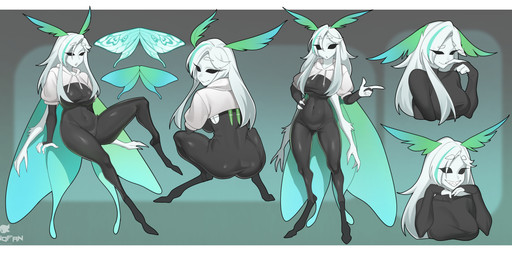 anthro clothed clothed_female clothing female fully_clothed fully_clothed_female happy looking_at_viewer simple_background smile smirk solo squatting_pose white_body wings sonofan arthropod insect lepidopteran moth absurd_res hi_res letterbox model_sheet