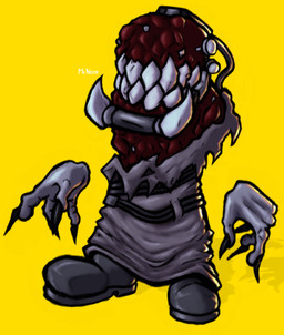 ambiguous_gender anthro belt biopunk blood bodily_fluids body_horror boots claws clothed clothing cybernetic_jaw cybernetics exposed_flesh exposed_muscle exposed_teeth eyeless fangs footwear gore grey_body headgear long_mouth machine not_furry robe shadow sharp_teeth shoes simple_background solo standing teeth torn_clothing yellow_background mrhyperfixation madness:_project_nexus madness_combat wild_lander_(madness:_project_nexus) abominations_(madness_combat) boo_(madness_combat) cyborg undead digital_media_(artwork) full-length_portrait hi_res portrait shaded signature tagme