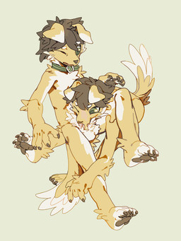 anthro biped brown_hair clone collar collar_only duo erection fellatio floppy_ears fur genitals green_collar green_eyes hair humanoid_genitalia humanoid_penis male male/male nude one_eye_closed oral penile penis selfcest sex slim_anthro slim_male square_crossover yellow_body yellow_fur ibn002tuooooo canid canine canis domestic_dog mammal 2025 3:4 hi_res
