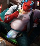 anthro ashtray barazoku belly big_bulge big_muscles big_penis bodily_fluids bottomwear bulge chair cigarette circumcised claws clothed clothing detailed_bulge erection erection_under_clothing eyes_closed fire furniture genital_fluids genital_outline genitals glans horn humanoid_genitalia humanoid_penis inside lighter male musclegut muscular muscular_anthro muscular_male navel open_clothing open_shirt open_topwear pants pecs penis penis_outline precum precum_through_clothing precum_through_underwear scales shirt sitting smile smoke smoking solo table tail tenting topwear translucent translucent_clothing translucent_underwear underwear unzipped wet wet_clothing zipper shrimpiing mythology patreon arthropod crustacean dragon marine mythological_creature mythological_scalie scalie shrimp 2024 absurd_res hi_res watermark