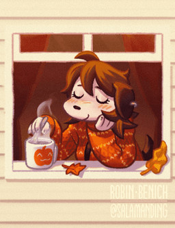 4_fingers anthro arm_support autumn autumn_leaves blush blush_lines brown_hair closed_smile clothed clothed_anthro clothed_female clothing container cup cutlery eyelashes eyes_closed female fingers hair hand_on_face holding_spoon kitchen_utensils leaf mouth_closed mug orange_clothing orange_sweater orange_topwear smile solo spoon sweater text tools topwear wall_(structure) window salamanding joan_(salamanding) canid canine canis domestic_dog mammal 2d_animation animated artist_name digital_media_(artwork) english_description frame_by_frame loop short_playtime watermark
