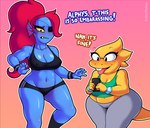 anthro big_breasts biped blue_body blush bodily_fluids bottomwear bra breasts buckteeth bun_huggers cellphone cleavage clothed clothing dialogue duo electronics eye_patch eyewear fangs female genital_fluids glasses glistening glistening_arms glistening_body glistening_breasts glistening_legs gradient_background hair huge_hips midriff navel one_eye_obstructed orange_background pants phone ponytail pussy_juice_through_clothing red_background red_hair shirt short_stack shorts simple_background slightly_chubby slightly_chubby_female spandex spandex_shorts sports_bra standing tank_top teeth thick_thighs tight_bottomwear tight_clothing tight_shorts tongue tongue_out topwear underwear vaginal_fluids wet wet_clothing wide_hips yellow_body yellow_sclera yoga_pants eroticphobia undertale undertale_(series) alphys undyne fish lizard marine reptile scalie digital_drawing_(artwork) digital_media_(artwork) hi_res shaded