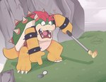 anthro claws cloud day golf golf_club grass hair horn male open_mouth plant red_hair rock sport teeth lewkiss40 mario_bros nintendo bowser koopa scalie 2022 hi_res signature