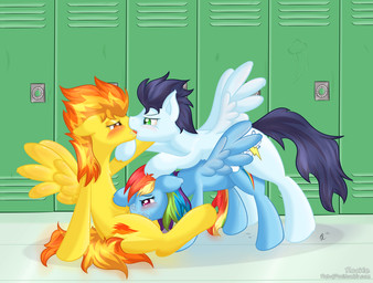 all_fours amber_eyes bisexual blue_body blue_feathers blue_fur bodily_fluids cum cunnilingus cutie_mark doggystyle feathered_wings feathers female female/female female_penetrated feral ffm french_kissing from_behind_position fur genital_fluids green_eyes group group_sex hair intraspecies kissing locker male male/female male_penetrating male_penetrating_female multicolored_hair oral orange_hair penetration purple_eyes quadruped rainbow_hair school sex tail threesome trio vaginal vaginal_fluids wing_boner wings yellow_body ratofdrawn friendship_is_magic hasbro my_little_pony mythology rainbow_dash_(mlp) soarin_(mlp) spitfire_(mlp) wonderbolts_(mlp) equid equine mammal mythological_creature mythological_equine pegasus 2012 digital_media_(artwork)