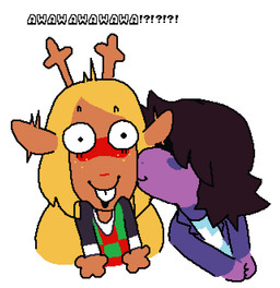 anthro antlers black_clothing black_shirt black_topwear blonde_hair blue_clothing blue_jacket blue_topwear blush brown_body brown_ears brown_hair buckteeth checkered checkered_clothing checkered_sweater checkered_topwear clothing constricted_pupils dot_pupils duo female female/female flustered freckles hair hair_over_eyes happy horn jacket kissing kissing_cheek long_hair open_mouth open_smile pattern_clothing pattern_sweater pattern_topwear pupils purple_body red_nose shirt simple_background small_pupils smile surprised sweater sweater_vest teeth text topwear tremble_spikes vest white_background wide_eyed asepriterico deltarune undertale_(series) noelle_holiday susie_(deltarune) deer mammal new_world_deer reindeer scalie 2024 digital_media_(artwork) pixel_(artwork)