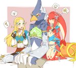 accessory anthro blonde_hair blue_body blue_feathers blush clothed clothing crossdressing dancer_outfit embarrassed feathers female green_eyes group hair male plantigrade aooni breath_of_the_wild nintendo the_legend_of_zelda mipha princess_zelda revali avian bird humanoid hylian marine rito zora absurd_res hi_res