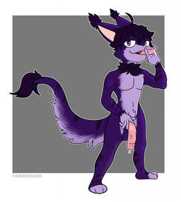 anthro bodily_fluids dripping ear_tuft fangs genital_fluids genitals gesture hair half-closed_eyes looking_at_viewer male narrowed_eyes neck_tuft nude open_mouth penis precum precum_drip raised_tail solo standing tail tail_tuft teeth tongue tongue_out tuft vein awoogasm hybrid 2020 hi_res signature