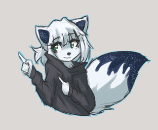 ambiguous_gender anthro black_nose blue_body blue_fur clothing cosmic_fur dipstick_tail eyebrow_through_hair eyebrows eyelashes fur gesture green_eyes grey_background hair hair_over_eyes hand_gesture hoodie looking_aside markings pointing raised_arms short_hair simple_background smile solo tail tail_markings topwear translucent translucent_hair white_body white_fur tinygaypirate veri_(veriitasu) arctic_fox canid canine fox mammal true_fox half-length_portrait hi_res portrait
