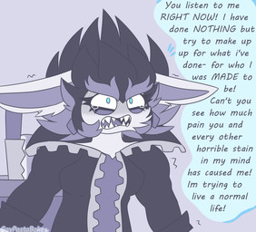 anthro black_clothing black_hair black_jacket black_topwear blue_eyes bodily_fluids bread breasts cheek_tuft clothed clothed_anthro clothed_female clothing counter crying dialogue ear_tuft ears_down eyebrows facial_tuft female female_anthro food gloves grey_eyebrows grey_hair grey_inner_ear grey_tongue grey_wall hair handwear jacket knife lidded_eyes long_ears motion_lines multicolored_hair no_pupils noseless open_mouth pivoted_ears sharp_teeth short_hair slam solo speech_bubble spiky_hair tears tears_of_sadness teeth text thick_eyebrows tongue topwear tuft two_tone_hair upset wall_(structure) white_fingers yelling gaypastabake mario_plus_rabbids_sparks_of_hope nintendo raving_rabbids rayman_(series) ubisoft edge_(mario_plus_rabbids) lagomorph mammal rabbid 2024 artist_name digital_drawing_(artwork) digital_media_(artwork) english_description english_text flat_colors half-length_portrait hi_res portrait