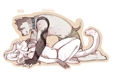 anthro biped blush breasts brown_body brown_fur brown_tail clothed clothed_anthro clothed_female clothed_male clothing collar duo female fur hair male navel simple_background tail white_body white_fur white_hair white_tail spuydjeks lanya_(lanhai) canid canine felid feline mammal 2025 digital_drawing_(artwork) digital_media_(artwork) hi_res