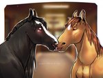 ambiguous_gender black_body black_hair black_mane blush duo eyes_closed facial_markings feral hair head_markings kissing looking_at_another mane markings open_mouth tan_body tan_hair tongue tongue_out delota clyde_(wasen) pearl_(wasen) equid equine horse mammal digital_media_(artwork)