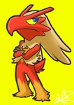 2011 airu ambiguous_gender anthro avian biped bird blaziken blue_eyes cel_shading chibi crossed_arms featureless_crotch frown generation_3_pokemon looking_aside nintendo nude pokemon pokemon_(species) shaded signature simple_background solo standing toony warm_colors yellow_background yellow_sclera