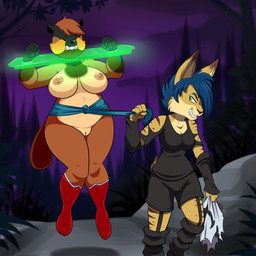 anthro areola bangs big_breasts bottomwear bound breasts buckteeth captured cleavage clenched_teeth clothed clothing clothing_pull detailed_background dominant dominant_female duo evil_grin eyes_closed female female/female forest front_view genitals glowing green_eyes holding_object legs_together levitation looking_at_another looking_back magic magical_binding mature_anthro mature_female mostly_nude night nipples nude outside plant restraints shorts slightly_chubby slim small_waist smile stocks submissive submissive_female teeth thick_thighs translucent tree vulva walking wide_hips lonbluewolf beaver felid feline lynx mammal rodent 1:1 2016 hi_res