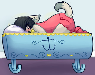 ageplay ambiguous_gender anthro blush clean_diaper clothed clothing crib detailed_background diaper diaper_under_clothing diaper_under_onesie dipstick_ears dipstick_tail ear_markings fur hair lying markings multicolored_ears object_in_mouth onesie pacifier pacifier_in_mouth pillow raised_tail roleplay solo tail tail_markings wearing_diaper monsterbunny gally_(monsterbunny) canid canine canis domestic_dog mammal 2014 archived_source digital_drawing_(artwork) digital_media_(artwork) signature watermark