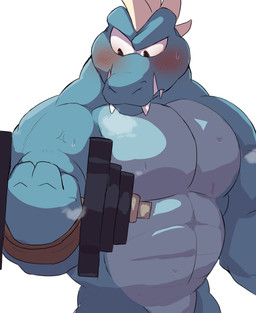 abs anthro biceps blue_body blush bottomless breath clothed clothing exercise male muscular muscular_anthro muscular_male panting pecs solo teeth topless weightlifting workout yoshizaurusu_n donkey_kong_(series) nintendo krusha crocodilian reptile scalie hi_res