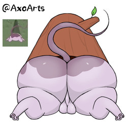 anthro balls big_butt bubble_butt butt exposed genitals leaf log male pawpads purple_body simple_background solo stuck text thick_thighs white_background wood axoarts kid_vs._kat mr._kat alien domestic_cat felid feline felis mammal 1:1 digital_media_(artwork)