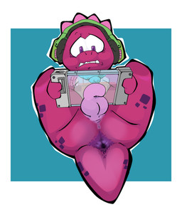 anthro anus balls biped electronics flaccid front_view genitals headphones holding_object holding_tablet humanoid_genitalia humanoid_penis looking_at_object low-angle_view male nude penis red_body red_scales scales short_tail simple_background solo tablet tail tail_anus worried nanuna gameoverse glitch_productions gobbles_(gameoverse) dinosaur prehistoric_species reptile saurischian scalie theropod tyrannosaurid tyrannosauroid tyrannosaurus tyrannosaurus_rex 2026