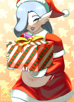 big_breasts blue_eyes blue_hair bottomwear box breasts chest_spike christmas_clothing christmas_headwear clothing container eyelashes female gift_box hair hair_over_eye hat headgear headwear holding_box holding_container holding_object holidays huge_breasts humanoid_pointy_ears lipstick long_hair looking_at_viewer makeup markings mole_(marking) navel pattern_background pointy_ears purple_lipstick red_bottomwear red_clothing red_hat red_headwear red_skirt red_topwear santa_hat simple_background skirt slightly_chubby smile solo spikes spikes_(anatomy) thick_thighs topwear white_body wide_hips ultrabignova christmas nintendo pokemon gardevoir generation_3_pokemon humanoid pokemon_(species) absurd_res hi_res