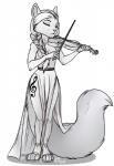 anthro arm_tuft bowed_string_instrument braided_hair cheek_tuft clothing dress elbow_tuft eyes_closed facial_tuft female fluffy fluffy_tail footwear hair long_hair musical_instrument musical_note musical_symbol playing_music sandals shoes simple_background solo standing string_instrument symbol tail tuft violin conditional_dnp vilani domestic_cat felid feline felis mammal 2020 greyscale monochrome