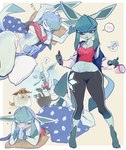 absurd_res ambiguous_gender anthro blue_body bottomwear breasts brown_body canid canine cleavage clothed clothing digital_media_(artwork) duo eevee eeveelution english_text female fur generation_1_pokemon generation_4_pokemon generation_5_pokemon glaceon gloves_(marking) hi_res ice leg_markings mammal markings midriff musical_note navel nintendo panties pants pattern_bottomwear pattern_clothing pattern_panties pattern_underwear pokemon pokemon_(species) pokemorph shaded shirt socks_(marking) striped_bottomwear striped_clothing striped_panties striped_underwear stripes tank_top text text_on_clothing text_on_shirt text_on_tank_top text_on_topwear topwear underwear vanillite white_clothing white_panties white_underwear yuio