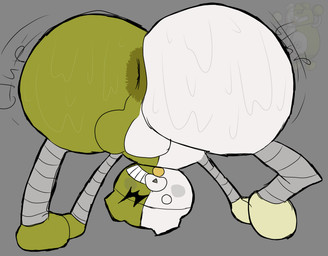all_fours anthro ass_up balls big_butt bodily_fluids butt feral genitals green_body looking_at_viewer looking_back machine male nude presenting rear_view solo split_color sweat rom4ncevisualnovel danganronpa danganronpa_v3 spike_chunsoft monodam monokub bear mammal robot 2026 absurd_res digital_media_(artwork) hi_res