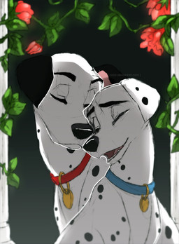 black_eyebrows black_nose black_spots blue_collar collar collar_only collar_tag duo eyebrows eyes_closed female feral floppy_ears flower fur male male/female markings nude open_mouth plant red_collar snout spots spotted_body spotted_fur spotted_markings white_body white_fur azzai 101_dalmatians disney perdita pongo canid canine canis dalmatian domestic_dog mammal 2016 colored colored_sketch digital_drawing_(artwork) digital_media_(artwork) shaded sketch