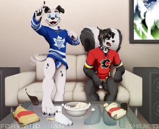 2013 4_toes angry annoyed anthro balls barefoot black_fur black_hair black_nose black_pawpads black_penis blue_eyes bottomless bulge canine chips claws clothing collar cup dalmatian dog duo english_text food forefinger fur glass green_eyes hair happy hindpaw hockey humanoid_penis jersey jockstrap looking_at_viewer male mammal motion_blur nude open_mouth panties pawpads paws penis playful popcorn pose rivalry seductive sharp_teeth shirt shiuk sitting skunk soda sofa speaker spiked_collar standing tailwag teeth text toe_claws underwear white_fur
Rating: Explicit
Score: 23
User: Pokelova
Date: November 19, 2013