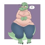 anthro barefoot belly belly_overhang big_breasts blush bottomwear breasts claws clothed clothed_anthro clothed_female clothing feet female female_anthro fingers front_view geometric_background glistening_eyelids green_body green_skin green_tail huge_hips huge_thighs long_sleeves looking_aside mouth_closed non-mammal_breasts overweight overweight_anthro overweight_female pants pink_clothing pink_sweater pink_topwear simple_background solo speech_bubble sweater tail text thick_tail thick_thighs toe_claws toes topwear wide_hipped_anthro wide_hipped_female wide_hips yellow_eyes squeezysquisher crocodilian reptile scalie 1:1 digital_drawing_(artwork) digital_media_(artwork) full-length_portrait hi_res portrait