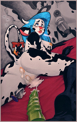accessory ahegao animal_print anthro blue_eyes blue_hair bodily_fluids bow_(feature) bow_accessory bow_ribbon butt cow_print cowbell cum cum_in_ass cum_in_vagina cum_inside facial_piercing female furgonomics genital_fluids hair heart_eyes heart_symbol looking_pleasured lying nipple_piercing nipples nose_piercing nose_ring on_front piercing presenting presenting_hindquarters ribbons ring_piercing sex_toy solo tail tail_accessory tail_bow tail_ribbon text vaginal puffinza brenda_(puffinza) bovid bovine cattle dairy_cattle holstein_friesian_cattle mammal