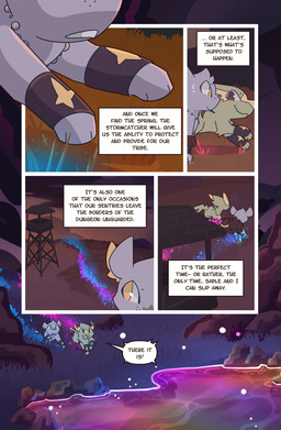 ambiguous_gender black_body black_fur blue_body blue_fur bodily_fluids brown_eyes cloud dialogue digitigrade duo feral fur glowing grass green_body green_fur head_tuft inner_ear_fluff jewelry necklace outside plant quadruped rock running sky smile speech_bubble sweat tail tail_tuft text tuft water wristband yellow_body yellow_eyes yellow_fur wooled nintendo pokemon pokemon_mystery_dungeon spike_chunsoft malachi_(wooled) sable_(wooled) electrike generation_3_pokemon generation_4_pokemon pokemon_(species) shinx comic english_text hi_res