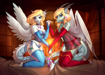 anthro armwear bed blonde_hair blue_eyes breasts choker claws cleavage clothed clothing collar duo elbow_gloves feet female furniture garter_belt garter_straps gloves hair hand_holding handwear horn jewelry kneeling legwear lingerie looking_at_viewer necklace panties piercing stockings sunset tail talons toes translucent translucent_clothing underwear wings longinius vest_(artist) hasbro my_little_pony mythology ardana_(oc) fan_character dragon equid equine hybrid mammal mythological_creature mythological_equine mythological_scalie pegasus scalie 2019 artist_collaboration hi_res