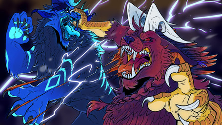 black_lips blood blue_body blue_fur blue_nose blue_teeth blue_tongue bodily_fluids cheek_tuft chest_tuft chin_tuft claws duo electricity facial_tuft fangs feathers feral fight fur grey_claws lips male narrowed_eyes neck_tuft open_mouth piercing red_body red_feathers red_fur red_sclera red_tongue teeth tongue tongue_out tongue_piercing tuft unsigned white_claws swampjaws 16:9 absurd_res digital_media_(artwork) hi_res widescreen