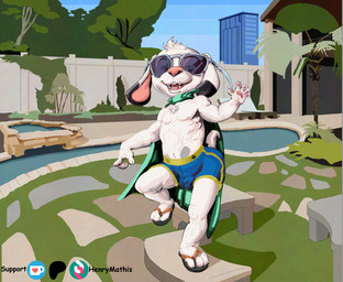 anthro bulge chest_tuft clothing detailed_bulge eyewear flip_flops floppy_ears footwear fur happy male pawpads paws plant poolclub poolside sandals shoes sky solo sunglasses sunglasses_on_face swimming_pool swimming_trunks swimwear tail teeth towel towel_around_neck tree tuft wearing_sunglasses white_body white_fur young henry-mathis daemien canid canine canis dalmatian domestic_dog mammal colored