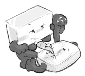 duo genitals gold_ingot lying male male/male not_furry on_back penis simple_background smile tapering_penis white_background clockstops3am conditional_dnp object_shows objectified_(webcomic) paper_puppets_take_2 wagyu_(objectified) animate_inanimate greyscale monochrome