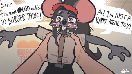 ambiguous_gender anthro bent_whiskers biped blush bottomwear claws clothed clothed_anthro clothed_female clothing dialogue duo faceless_ambiguous faceless_character faceless_human female fingers first_person_view front_view fully_clothed fully_clothed_anthro fully_clothed_female fur hair hat headgear headwear human_pov inside pov_hands speech_bubble teeth text tongue topwear whiskers el-k ratricia_(el-k) human mammal mouse murid murine rodent 16:9 2026 digital_drawing_(artwork) digital_media_(artwork) english_text hi_res widescreen