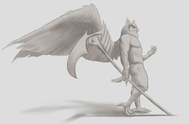 anthro beak claws feathered_wings feathers finger_claws holding_melee_weapon holding_object holding_polearm holding_scythe holding_weapon male male_anthro melee_weapon mouth_closed narrowed_eyes nude pecs polearm scythe side_view simple_background solo standing weapon wings aduran avian bird owl absurd_res hi_res monochrome sketch