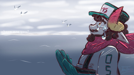angst anthro bodily_fluids clothing cloud crying fog fur gloves grey_sky hairy handwear hat headgear headwear horn kerchief male overalls overweight sad sea sky slightly_chubby solo tattoo tears water wool_(fur) tealram tealram_(character) avian bird bovid caprine gull lari larid mammal sheep 16:9 hi_res shaded sketch widescreen nonbinary_(lore)