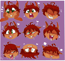 ambiguous_gender anthro blush bodily_fluids brown_hair buckteeth cheek_tuft countershade_face countershading drooling expressions eyes_closed facial_tuft freckled_face freckles green_eyes grin hair half-closed_eyes heart_eyes heart_symbol looking_aside looking_pleasured narrowed_eyes one_eye_closed open_mouth red_body saliva short_hair simple_background smile solo tan_body tan_countershading teeth tongue tongue_out tuft upside_down young young_anthro fuf mammal rodent sciurid tree_squirrel 2019 absurd_res hi_res multiple_images