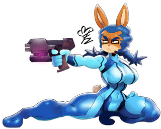 anthro blue_hair breasts eyewear female glasses gun hair holding_object markings medium_breasts mole_(marking) pose rabbit_ears ranged_weapon scut_tail short_tail simple_background slim small_waist solo solo_focus tail weapon zero_suit teztaz metroid nintendo almia samus_aran_(cosplay) lagomorph leporid mammal rabbit 5:4 absurd_res digital_drawing_(artwork) digital_media_(artwork) hi_res signature