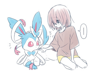 ambiguous_feral ambiguous_gender biped blush closed_smile digitigrade duo ellipsis emanata female female_human feral lying mouth_closed on_front petting quadruped simple_background sitting smile speech_bubble text young young_human mboj321 nintendo pokemon pokemon_trainer eeveelution generation_6_pokemon human mammal pokemon_(species) shiny_pokemon sylveon 2026 5:4 digital_drawing_(artwork) digital_media_(artwork) japanese_description japanese_text translated male_(lore)