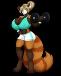 anthro big_breasts breasts clothing dumbbell female huge_breasts solo weights riddleaugust ailurid mammal red_panda 4:5 absurd_res alpha_channel hi_res