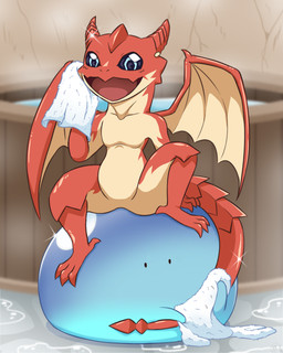 ambiguous_gender blue_body blue_eyes duo feral male membrane_(anatomy) membranous_wings orange_body pixie_dragon slime towel wings vavacung campfire_cooking_in_another_world_with_my_absurd_skill mythology dora-chan sui_(slime) dragon mythological_creature mythological_scalie scalie 4:5 hi_res