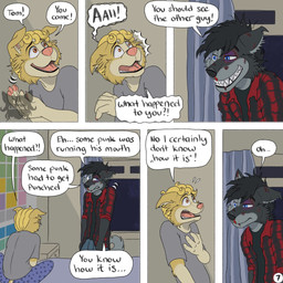 anthro bed blood blood_on_face blue_eyes bodily_fluids bottomwear bragging brown_eyes bruised bruised_eye cheek_tuft clothed clothing dialogue duo facial_tuft fingerpads flannel_shirt fur furniture grey_body grey_fur happy inside logo male night on_bed one_ear_up page_number pajamas pants pawpads periodic_table scruffy shocked sitting sitting_on_bed speech_bubble standing tail text toothy_grin tuft wounded yellow_body yellow_fur kriek_wildebeest jeremy_(kriek_wildebeest) tom_(kriek_wildebeest) border_collie canid canine canis collie domestic_dog herding_dog husky hybrid mammal nordic_sled_dog pastoral_dog sheepdog spitz wolf 1:1 artist_logo comic english_text hi_res multiple_scenes