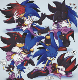 anthro black_body black_fur black_nose blue_body blue_fur blush bodily_fluids clothing duo embarrassed fur gloves green_eyes hand_on_butt handwear jewelry male male/male on_lap quills_(anatomy) red_eyes shy sitting_on_lap tail text arcana-coelestia idw_publishing sega sonic_the_hedgehog_(comics) sonic_the_hedgehog_(idw) sonic_the_hedgehog_(series) shadow_the_hedgehog sonic_the_hedgehog eulipotyphlan hedgehog mammal cover digital_media_(artwork) hi_res