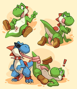 animal_genitalia anthro anus becoming_erect belly blue_body blue_eyes blue_scales bodily_fluids boots brown_boots brown_clothing brown_footwear brown_shoes butt claws clothing collar duo erection exclamation_point eyewear finger_claws footwear footwear_only genital_slit genitals gesture green_body green_scales half-closed_eyes hand_gesture licking licking_lips looking_back male male/male mostly_nude narrowed_eyes orange_background penis penis_tip pink_penis prehensile_tongue presenting presenting_hindquarters presenting_penis red_clothing red_footwear red_shoes scales sharp_teeth shoes shoes_only simple_background spiked_collar spikes spiral spiral_eyes sunglasses sweat sweatdrop tail tail_grab tapering_penis teeth toe_claws toeless_footwear toeless_shoes tongue tongue_around_tail tongue_out tongue_wrap upside_down v_sign white_body white_scales buyo_(artist) mario_bros mythology nintendo super_mario_rpg_(2023) super_mario_rpg_legend_of_the_seven_stars boshi yoshi_(character) blue_yoshi dinosaur dragon green_yoshi mythological_creature mythological_scalie prehistoric_species reptile scalie yoshi 2025 hi_res multiple_images signature