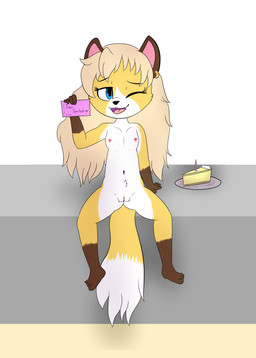 anthro blue_eyes cake clitoris dessert envelope female flat_chested food fur genitals hair navel nipples nude one_eye_closed open_mouth sitting solo spread_legs spreading tan_hair vulva wink yellow_body yellow_fur young young_anthro young_female itwasscatters miu_(aas) canid canine fox mammal hi_res